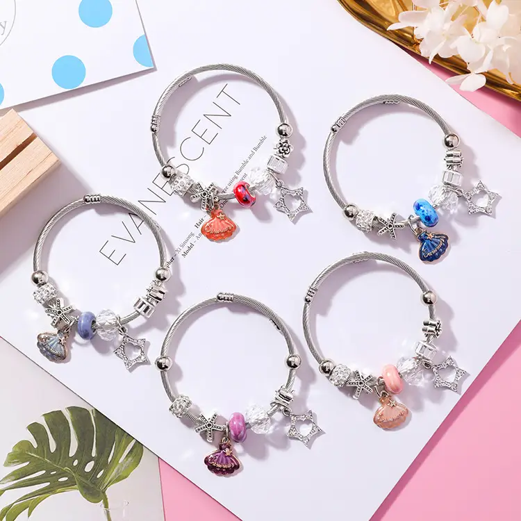 Beaded star shell stainless steel bracelet