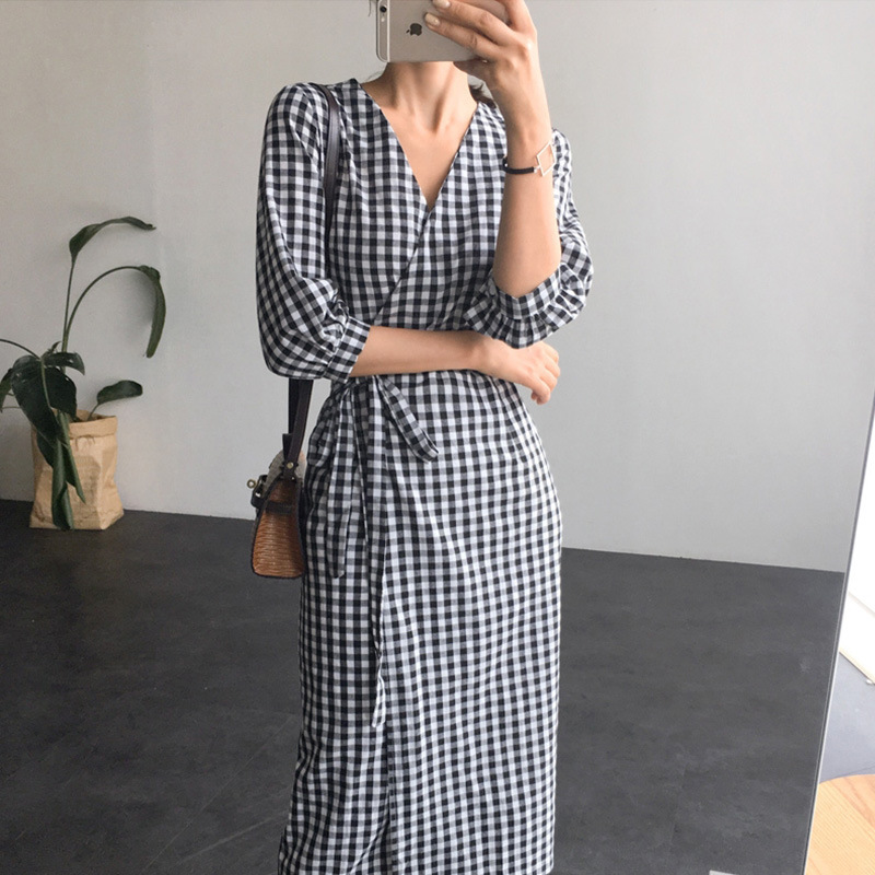 Retro waist tie black and white plaid