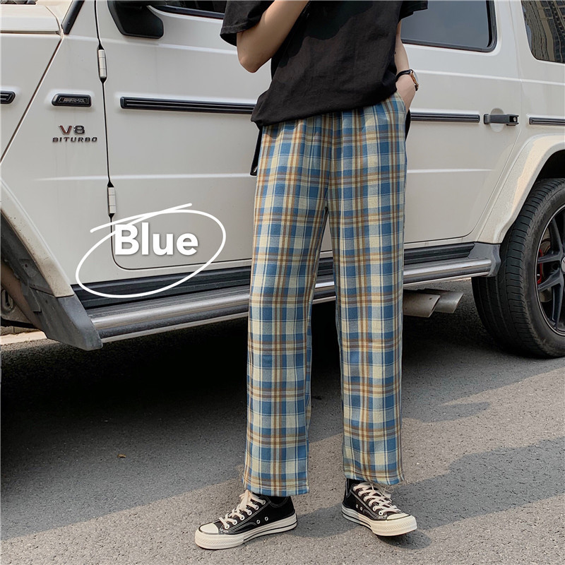 High waist plaid casual pants Light Blue - Shop at LoveMi