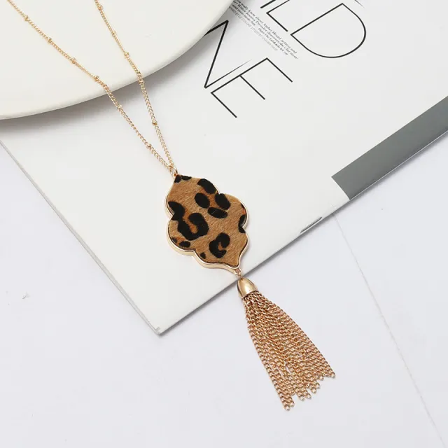 Abalone Shell Leopard Pattern Tassel Necklace Leopard Print - Shop at LoveMi