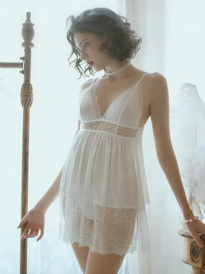 Sling nightdress sexy lingerie with thong - White