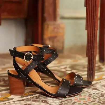 Chunky high heel studded open toe sandals Black - Shop at LoveMi