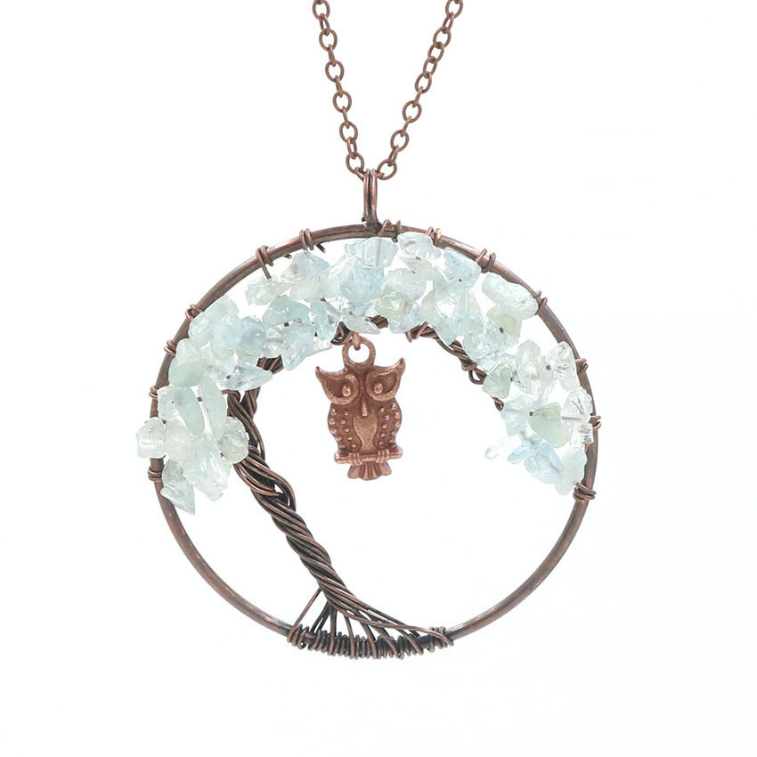 Natural crystal bronze owl Tree of Life necklace