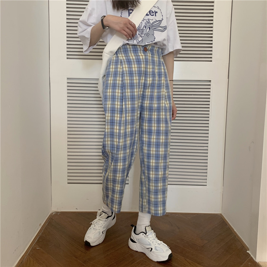 High waist plaid casual pants Blue - Shop at LoveMi