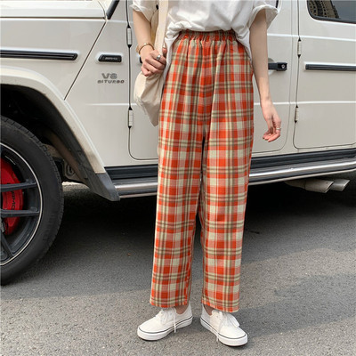High waist plaid casual pants Orange Red - Shop at LoveMi