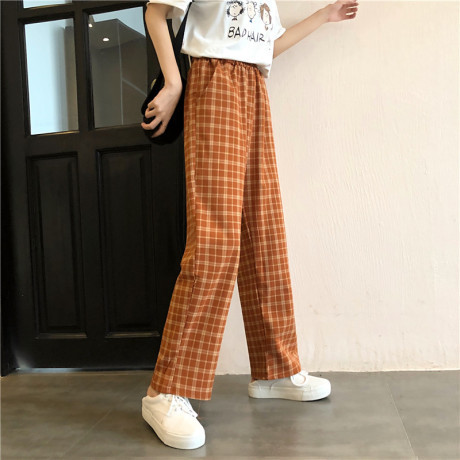 High waist plaid casual pants Orange - Shop at LoveMi