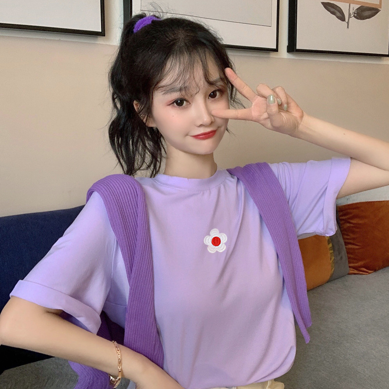 Women's embroidered loose short sleeve T-shirt