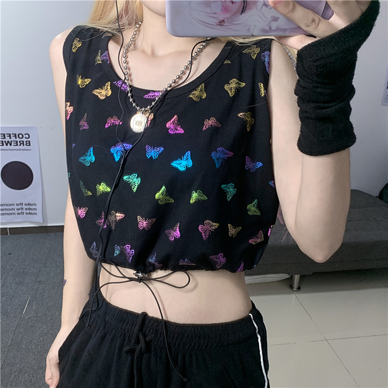 Women's sleeveless color butterfly print T-shirt