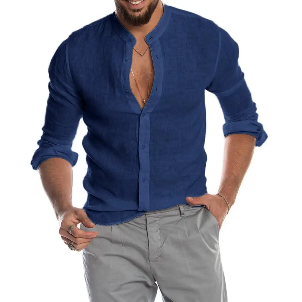 Men's stand collar linen Long Sleeve Shirt