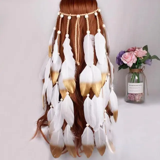 Hand woven long feather hair band White - Shop at LoveMi