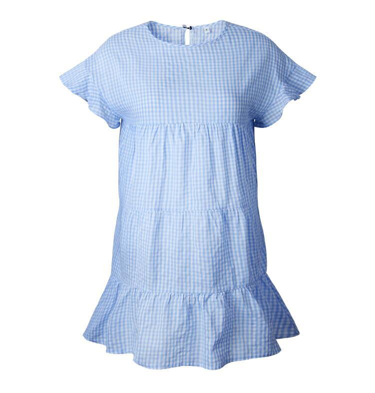 Checked pleated flared sleeve dress