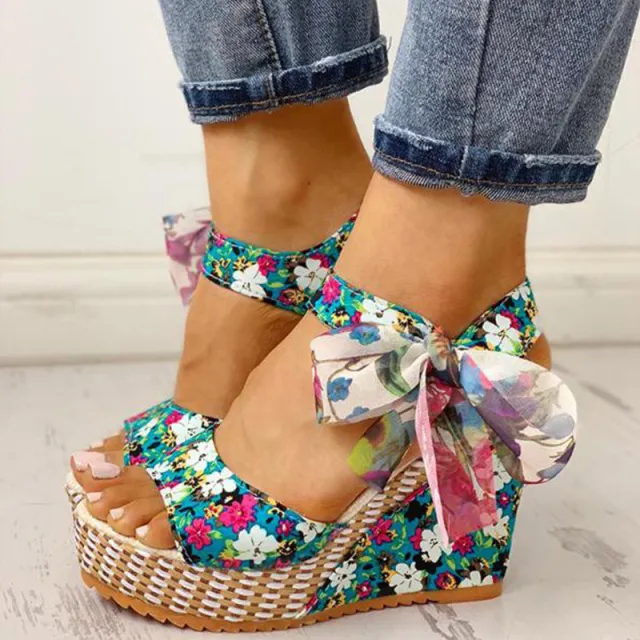 Wedge Sandals Female Floral Bowknot Platform Blue - Shop at LoveMi