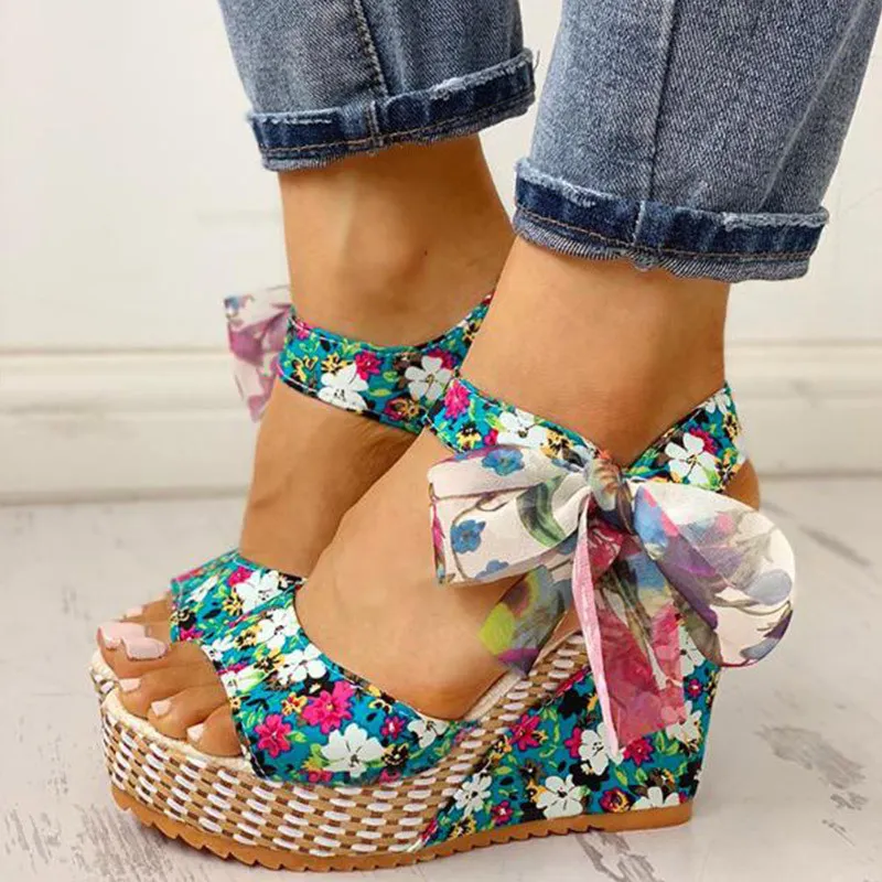 Wedge Sandals Female Floral Bowknot Platform - Blue