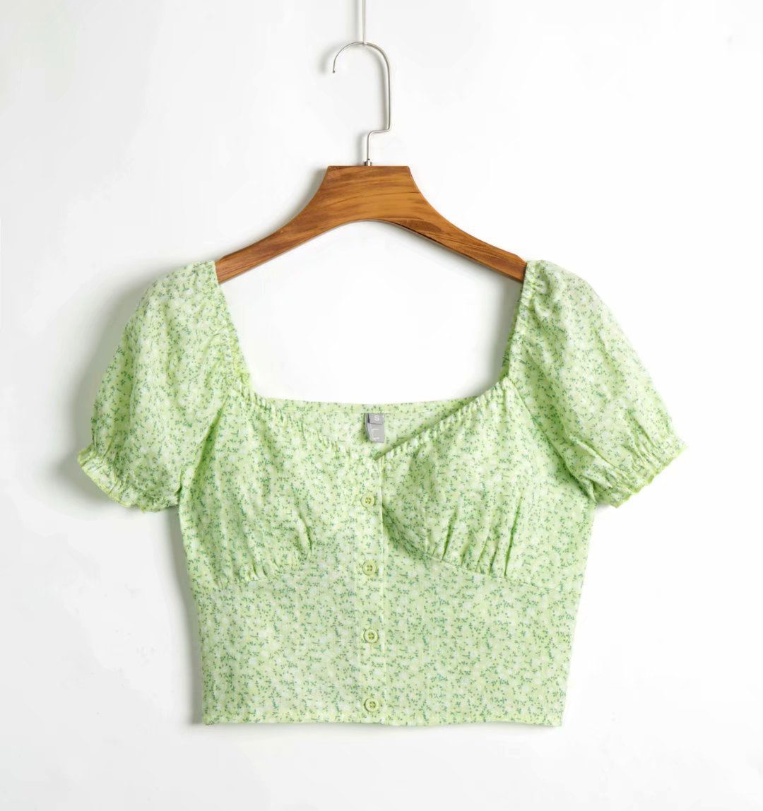 Elasticated pleated short puff sleeve shirt shirt