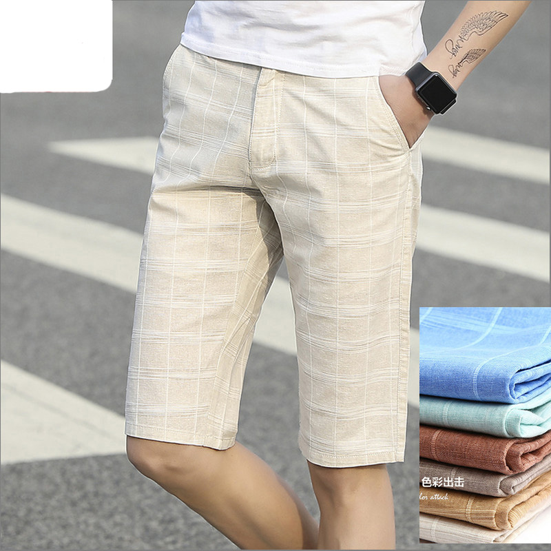 Casual cotton and linen check cropped pants