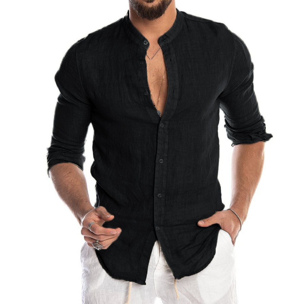 Men's stand collar linen Long Sleeve Shirt