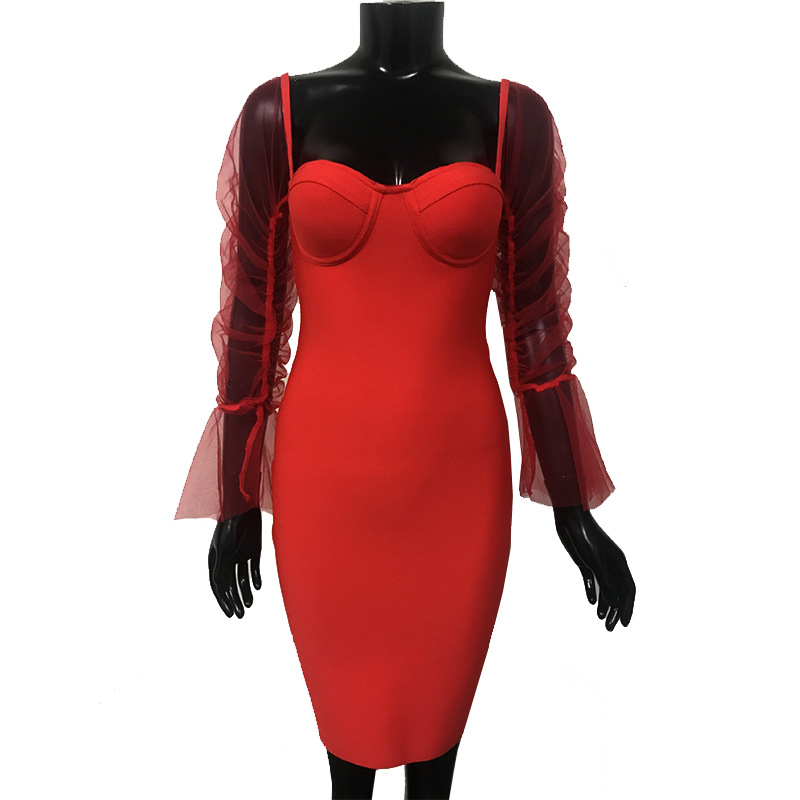 Women's v-neck mesh bag hip dress