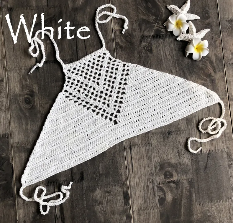 Sexy hand hook knitted halter neck wrapped chest bikini - White