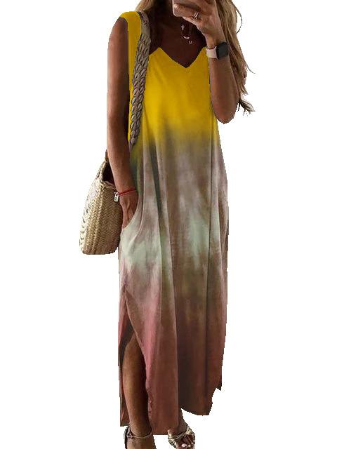 Gradient tie-dye printed sleeveless maxi dress