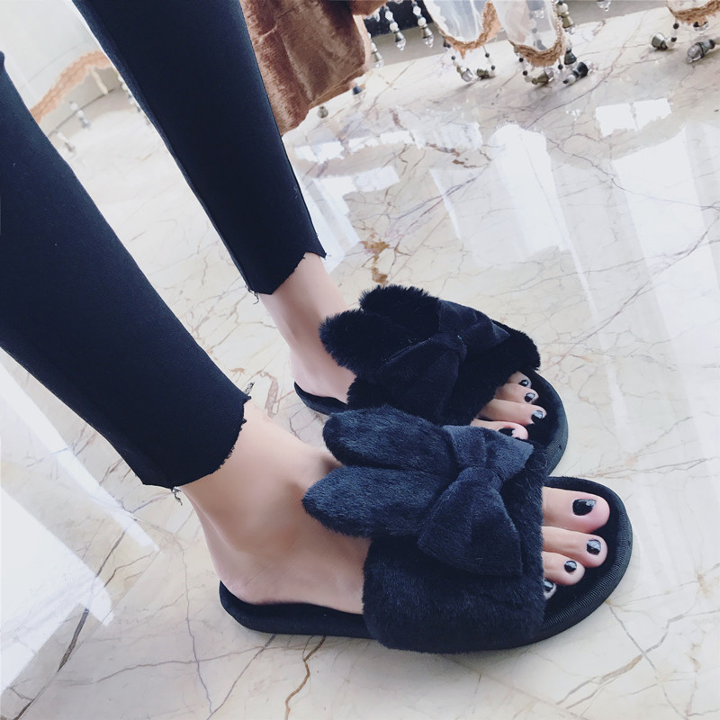 Plush bow cotton slippers