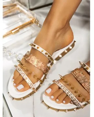 Rivet flat bottom low heel sandals White - Shop at LoveMi