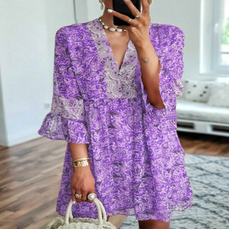 Mid-sleeved chiffon print dress