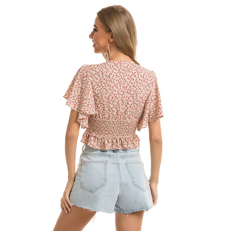 Ruffled sleeve deep V-neck chiffon top