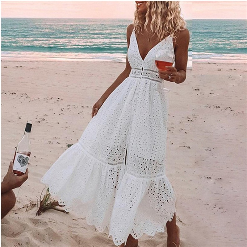 V-neck lace embroidery cutout dress