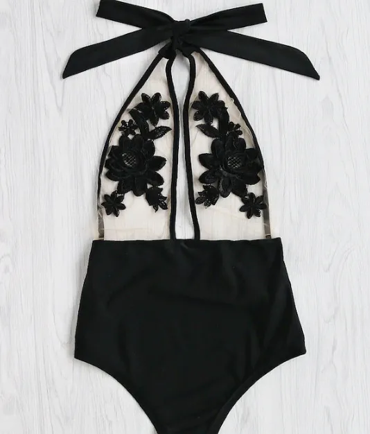Applique one piece bikini set Black - Shop at LoveMi