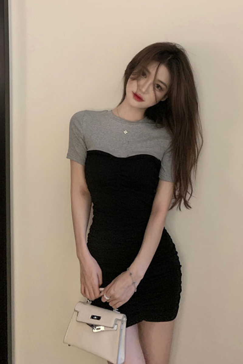 Spliced fake two-piece dress