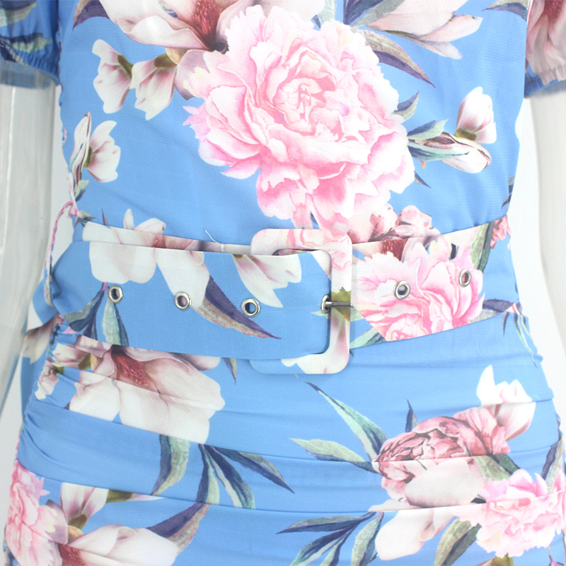 Square collar puff sleeve print dress