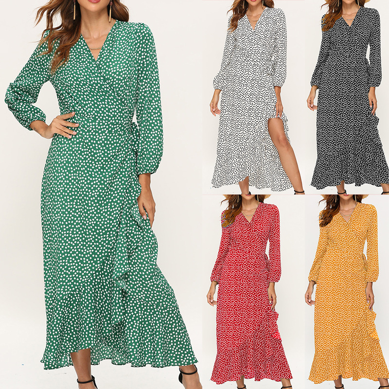 Printed V-neck high waist lace up Chiffon Dress