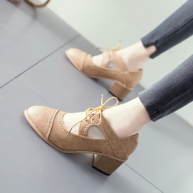 Hollow lace up heeled sandals Khaki - Shop at LoveMi