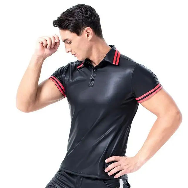 Men's sexy skinny leather T-shirt