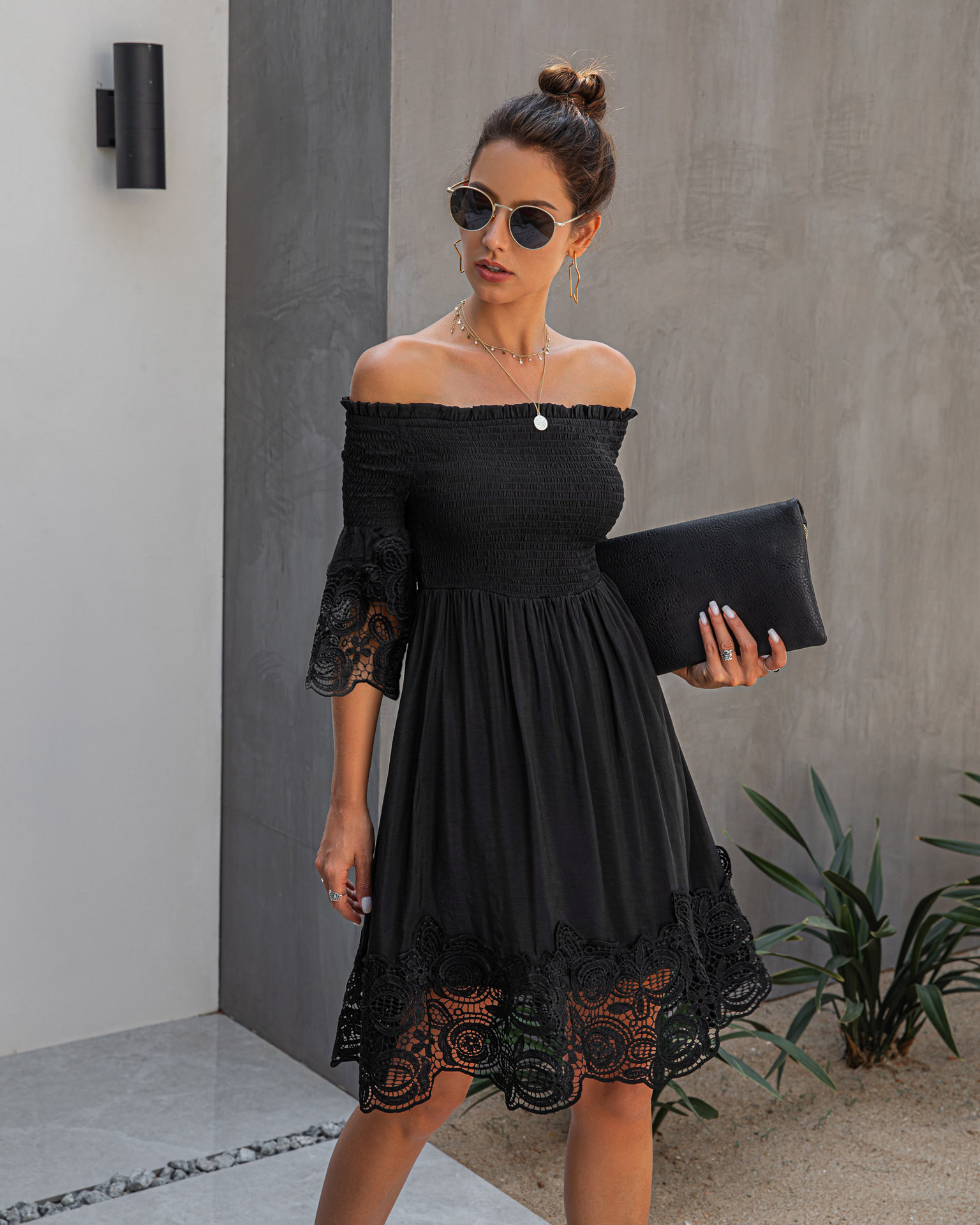 One-shoulder backless solid color lace dress