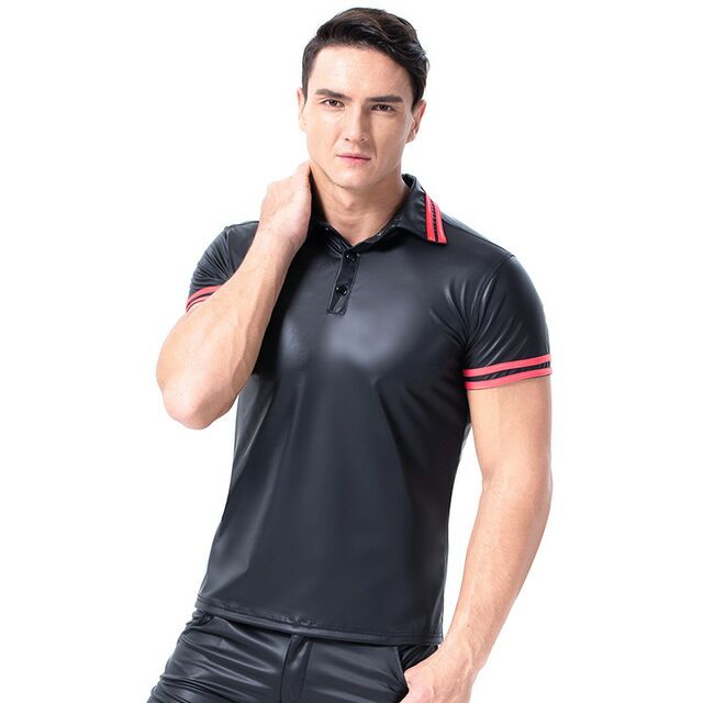Men's sexy skinny leather T-shirt