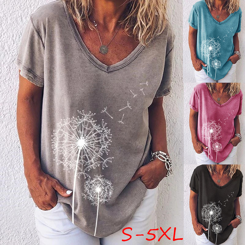 Short-sleeved V-neck print T-shirt top