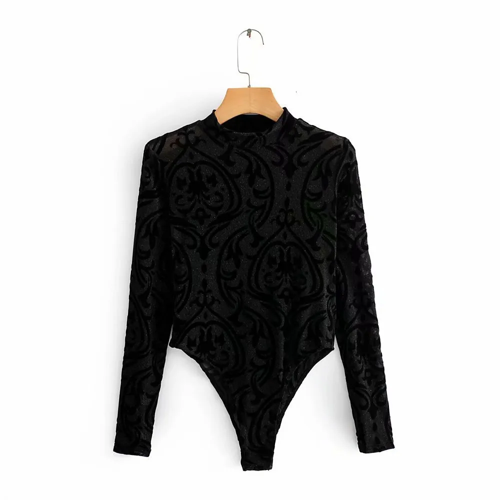 New sexy stand collar gold mesh bodysuit - Black