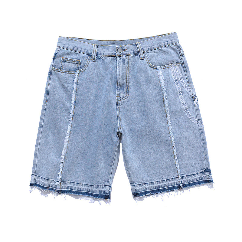 Black chain embroidered raw denim shorts