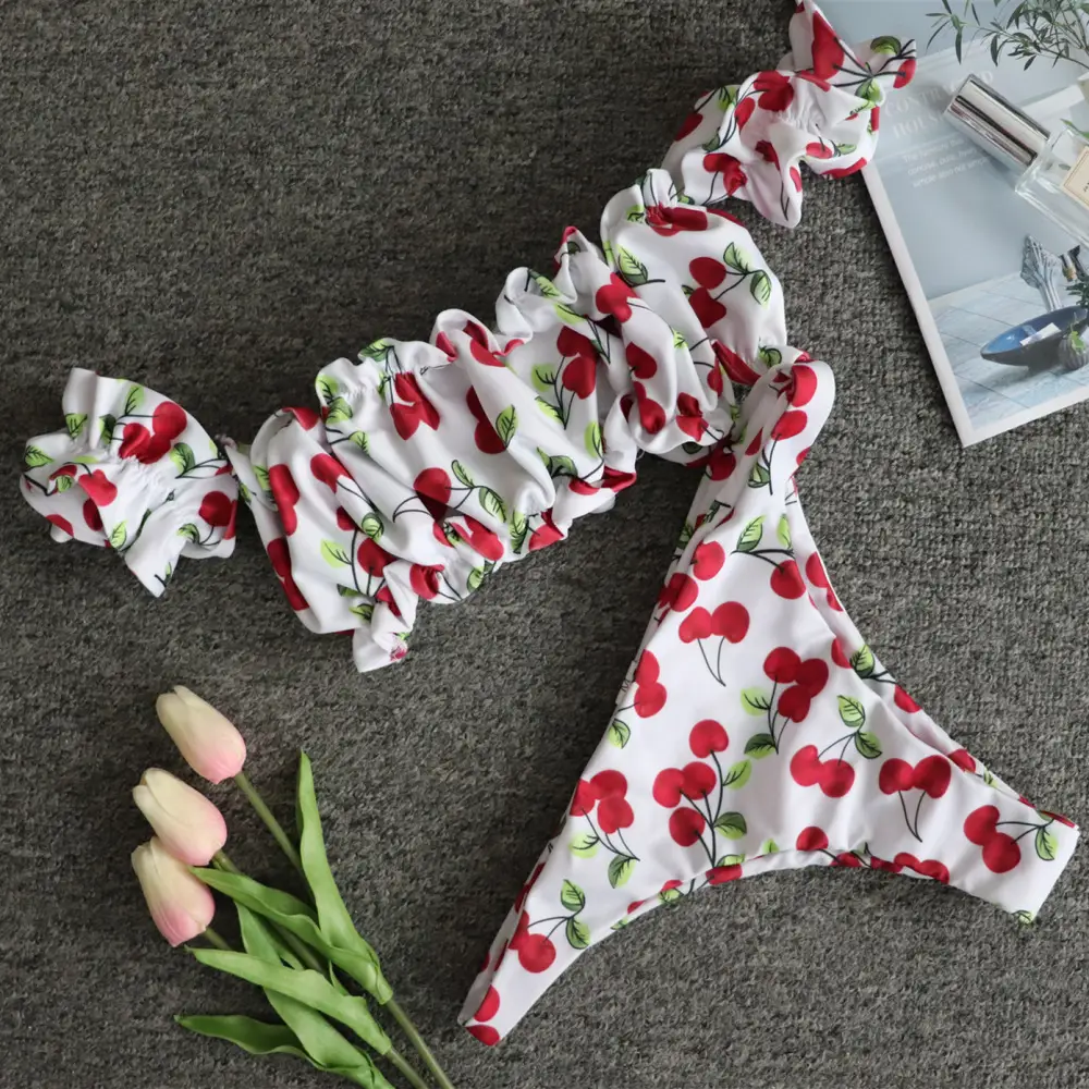 Pleated bikini with cherry print and sleeves