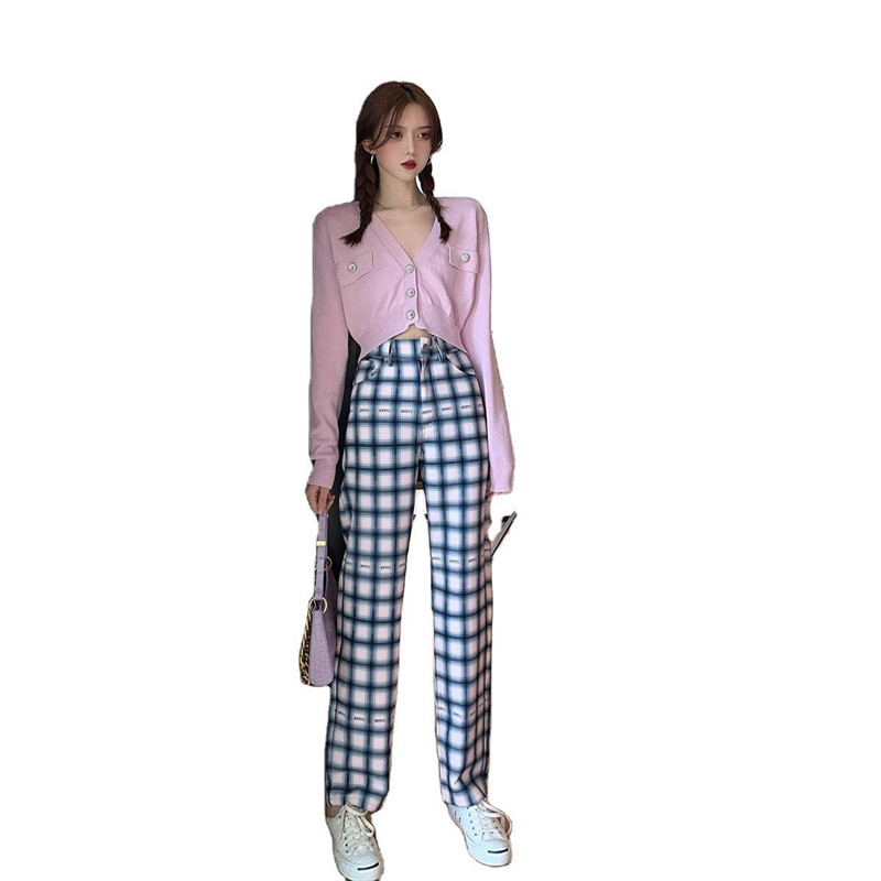 Plaid loose high waist wide leg pants