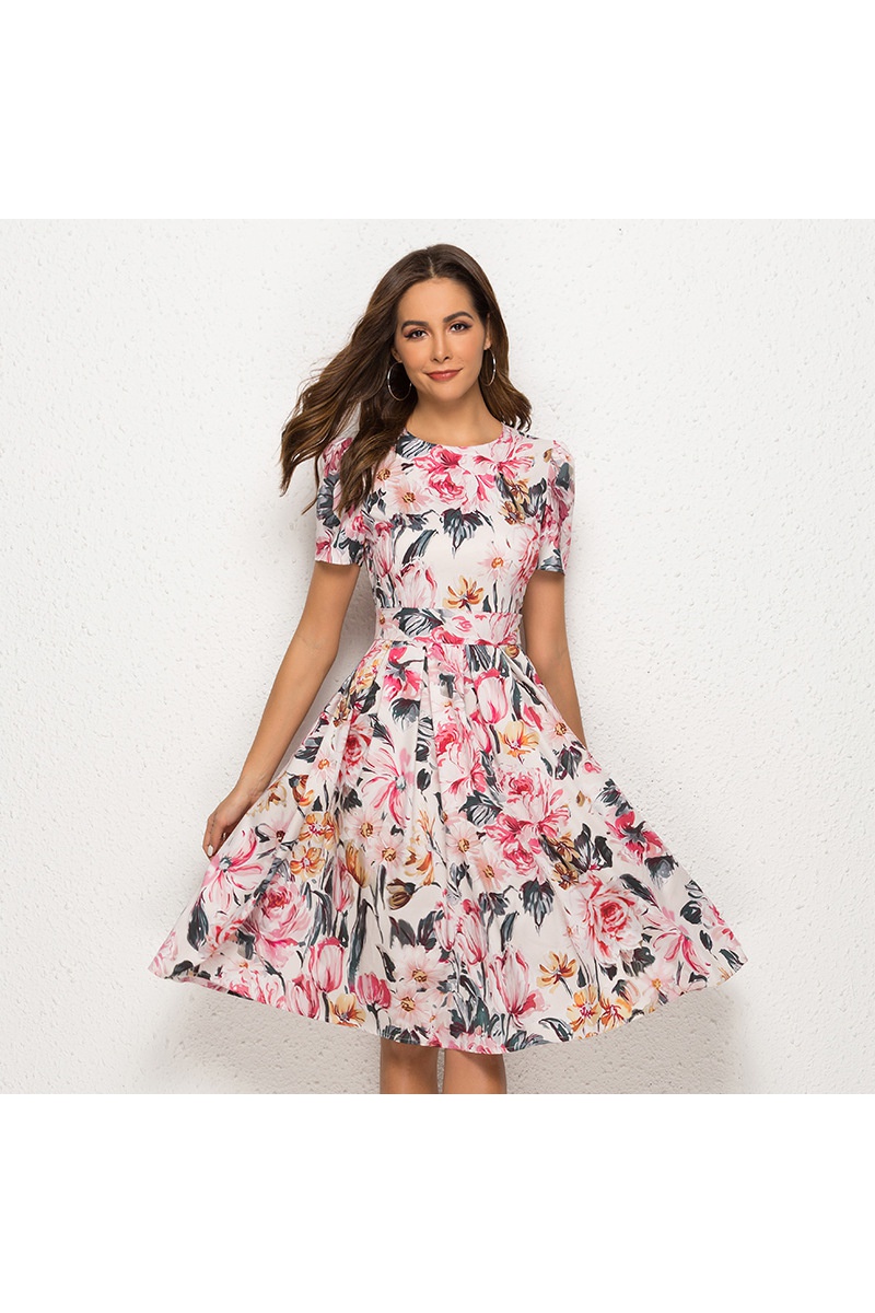 Short-sleeved floral print party dress