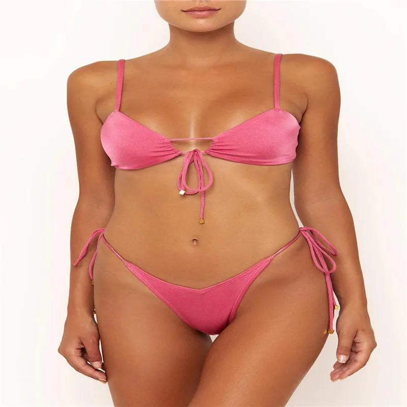 Split bikini with solid colour strap - Pink