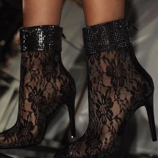 Lace mesh fine heeled medium boots women Black - Shop at LoveMi