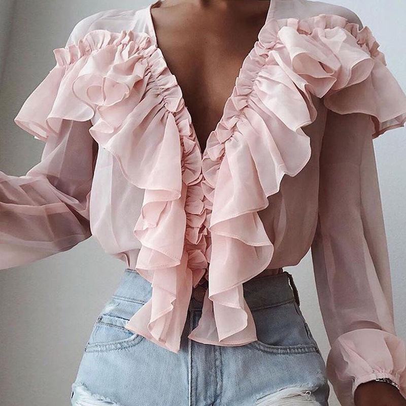 Chiffon ruffled long sleeve shirt