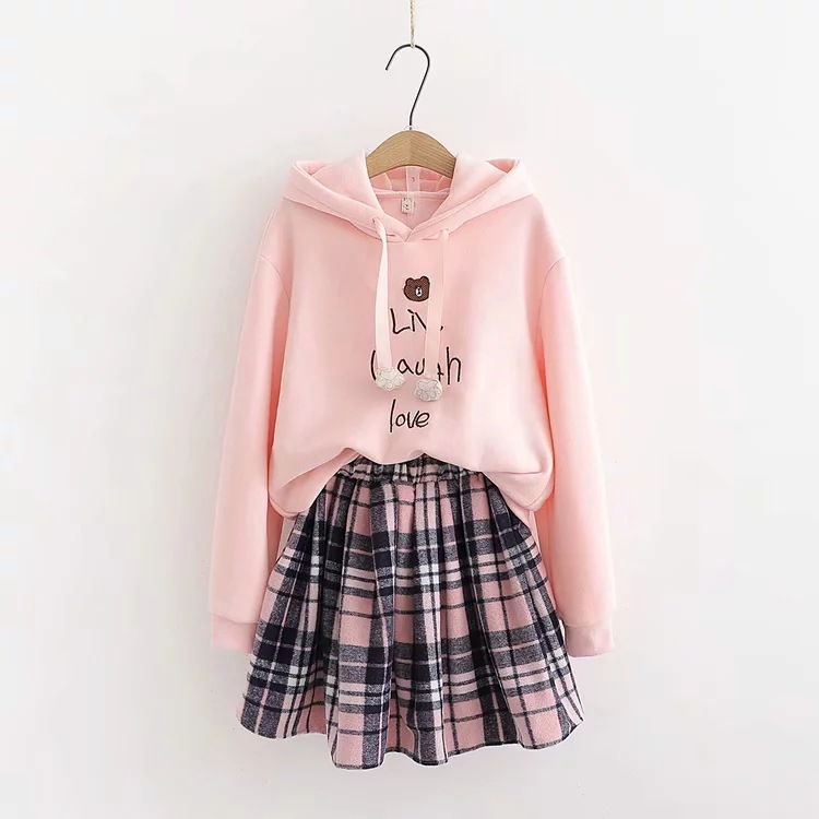 Cute little bear embroidery plus velvet sweater female woolen skirt suit