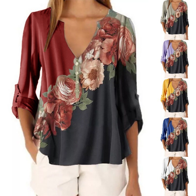 Floral print V-neck shirt top