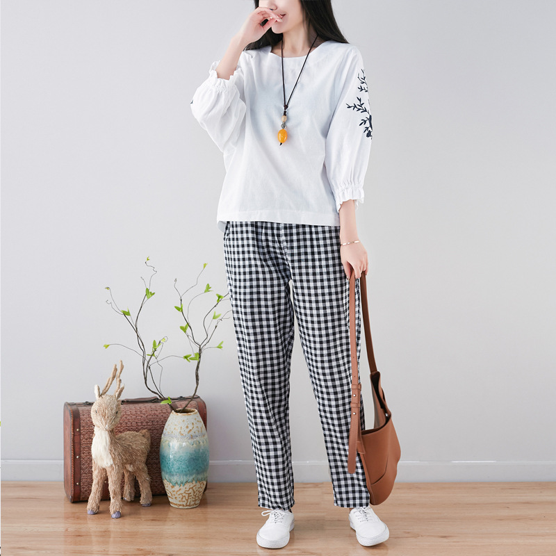 Literary cotton and linen feet pants