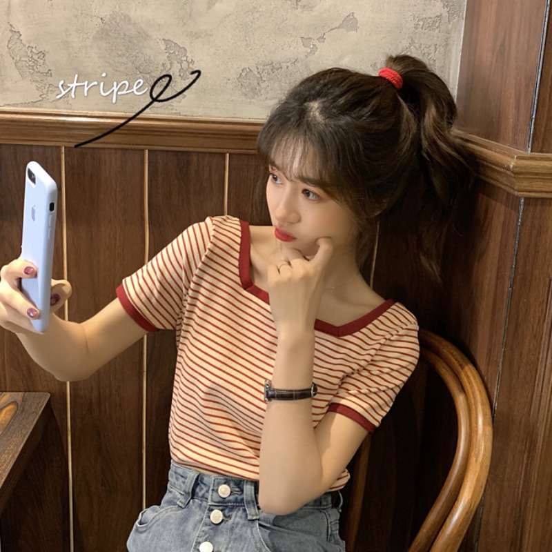 Slim square neck striped short sleeves