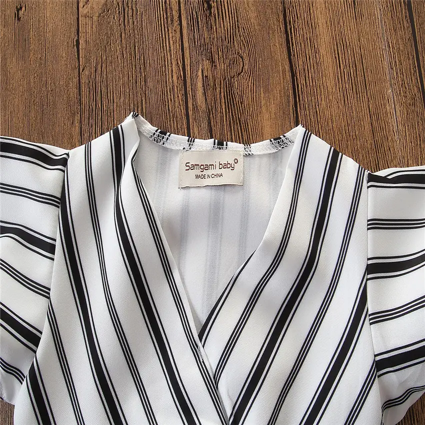 Fashionable white striped mini Fly sleeve dress for girls
